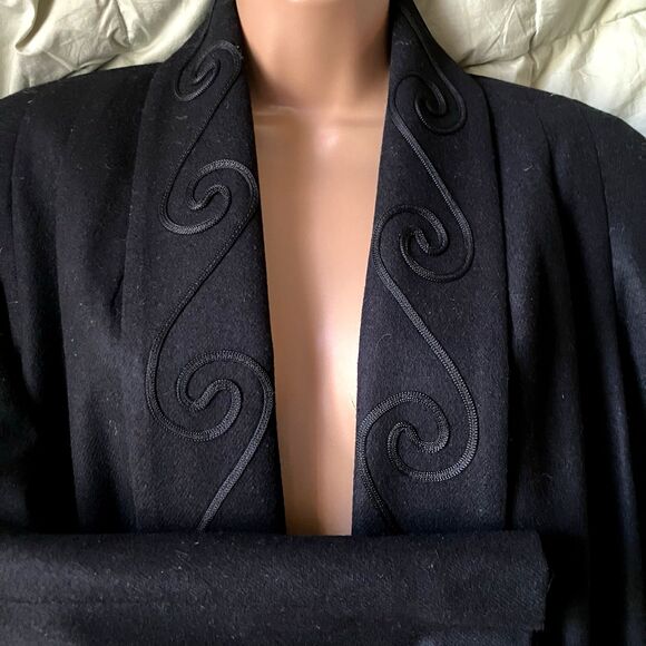 Alorna Vtg Long Wool Coat Open Embroidered Soutache Ribbon Collar L XL 2XL Black - Picture 15 of 16